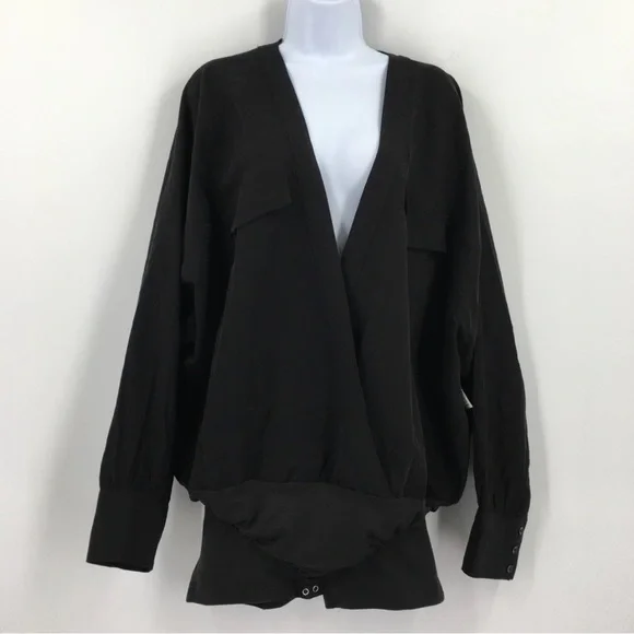 Good American Utility-style Bodysuit - Deep V-Neck Long Sleeve Black - NWOT - Picture 6 of 7